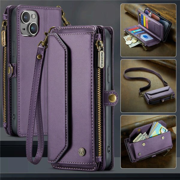CaseMe Crossbody For iPhone 14 Plus Wallet Kickstand Case with RFID Blocking 10 Card Slots Zipper Purse Support Wireless Charging