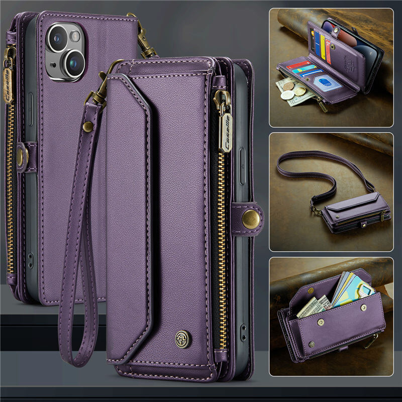 CaseMe Crossbody For iPhone 14 Plus Wallet Kickstand Case with RFID Blocking 10 Card Slots Zipper Purse Support Wireless Charging