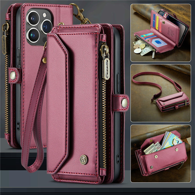 CaseMe Crossbody For iPhone 14 Pro Wallet Kickstand Case with RFID Blocking 7 Card Slots Zipper Purse Support Wireless Charging