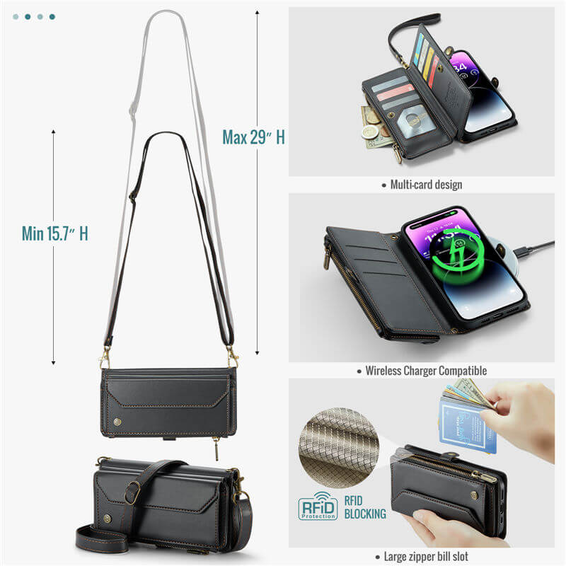 CaseMe Crossbody For iPhone 14 Pro Max Wallet Kickstand Case with RFID Blocking 10 Card Slots Zipper Purse Support Wireless Charging - Image 5