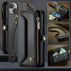CaseMe Crossbody For iPhone 15 Wallet Kickstand Case with RFID Blocking 7 Card Slots Zipper Purse Support Wireless Charging