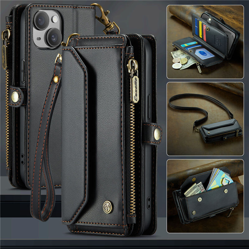 CaseMe Crossbody For iPhone 15 Wallet Kickstand Case with RFID Blocking 7 Card Slots Zipper Purse Support Wireless Charging