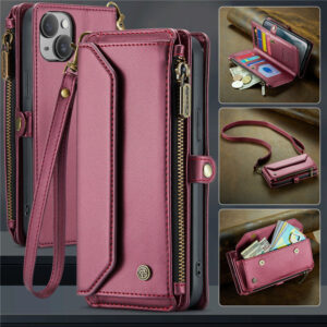 CaseMe Crossbody For iPhone 15 Plus Wallet Kickstand Case with RFID Blocking 10 Card Slots Zipper Purse Support Wireless Charging
