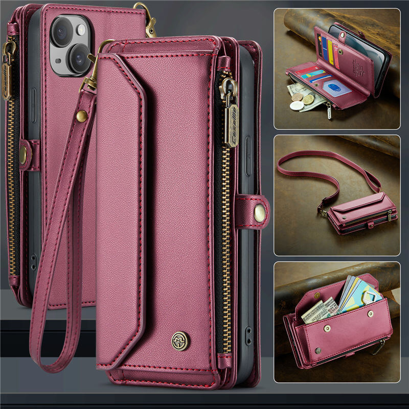 CaseMe Crossbody For iPhone 15 Plus Wallet Kickstand Case with RFID Blocking 10 Card Slots Zipper Purse Support Wireless Charging
