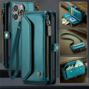 CaseMe Crossbody For iPhone 15 Pro Wallet Kickstand Case with RFID Blocking 7 Card Slots Zipper Purse Support Wireless Charging