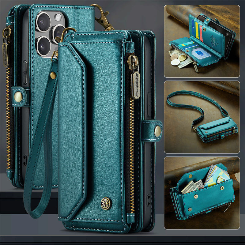 CaseMe Crossbody For iPhone 15 Pro Wallet Kickstand Case with RFID Blocking 7 Card Slots Zipper Purse Support Wireless Charging