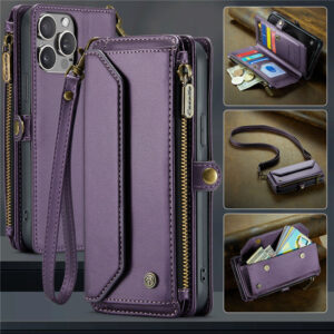 CaseMe Crossbody For iPhone 15 Pro Max Wallet Kickstand Case with RFID Blocking 10 Card Slots Zipper Purse Support Wireless Charging