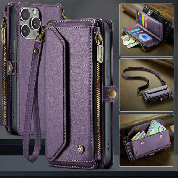 CaseMe Crossbody For iPhone 15 Pro Max Wallet Kickstand Case with RFID Blocking 10 Card Slots Zipper Purse Support Wireless Charging