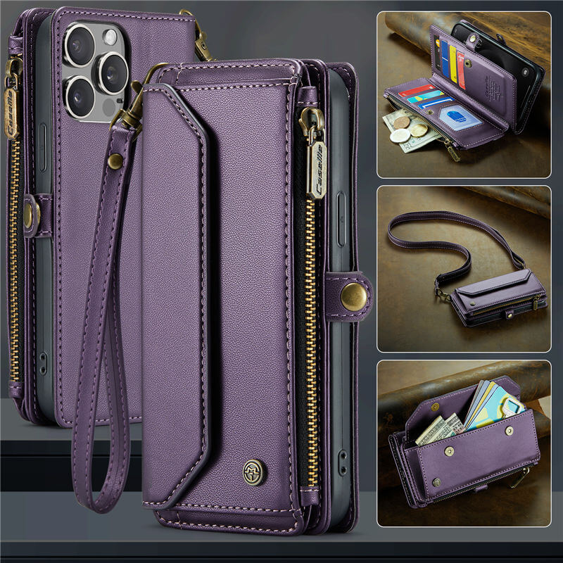 CaseMe Crossbody For iPhone 15 Pro Max Wallet Kickstand Case with RFID Blocking 10 Card Slots Zipper Purse Support Wireless Charging