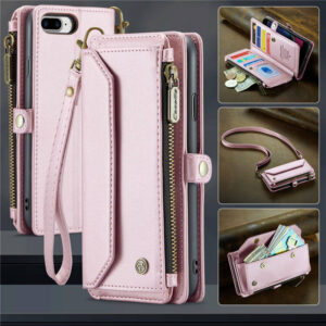 CaseMe Crossbody For iPhone 7 Plus/8 Plus Wallet Kickstand Case with RFID Blocking 10 Card Slots Zipper Purse Support Wireless Charging