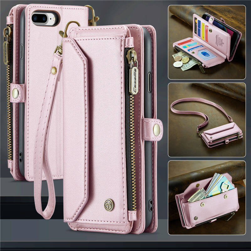 CaseMe Crossbody For iPhone 7 Plus/8 Plus Wallet Kickstand Case with RFID Blocking 10 Card Slots Zipper Purse Support Wireless Charging