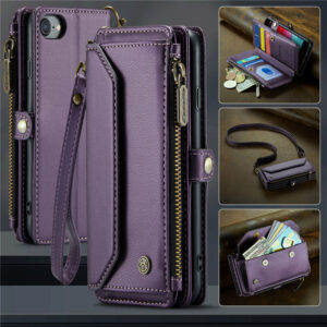 CaseMe Crossbody For iPhone 7/8/SE 2020/SE 2022 Wallet Kickstand Case with RFID Blocking 7 Card Slots Zipper Purse Support Wireless Charging