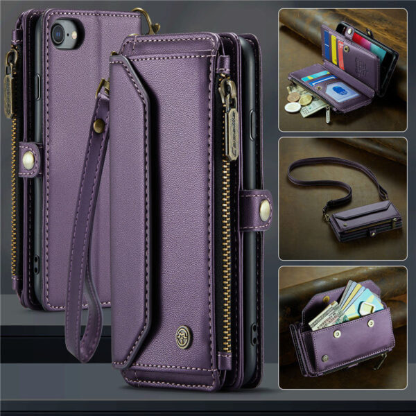 CaseMe Crossbody For iPhone 7/8/SE 2020/SE 2022 Wallet Kickstand Case with RFID Blocking 7 Card Slots Zipper Purse Support Wireless Charging