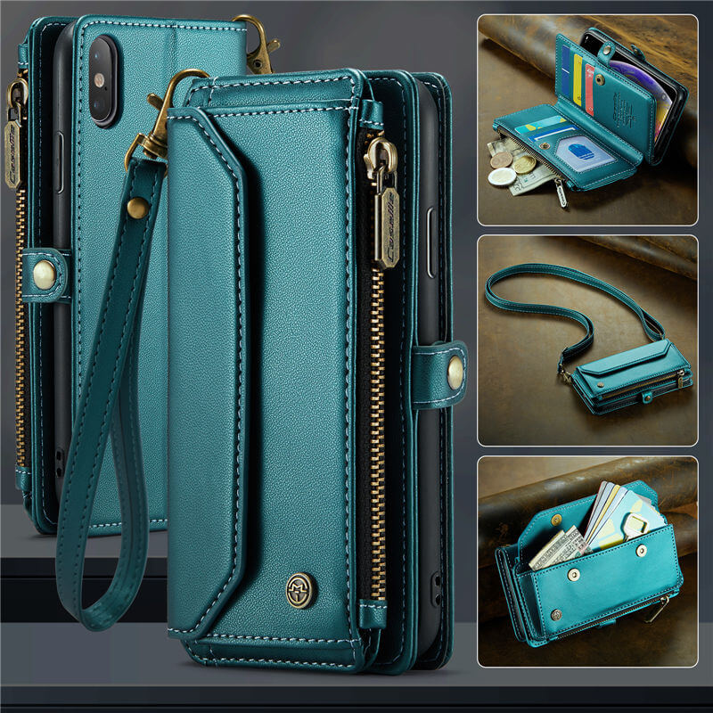 CaseMe Crossbody For iPhone X/XS Wallet Kickstand Case with RFID Blocking 7 Card Slots Zipper Purse Support Wireless Charging