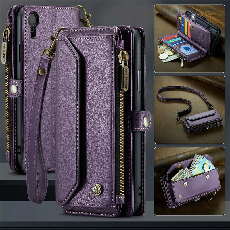 CaseMe Crossbody For iPhone XR Wallet Kickstand Case with RFID Blocking 10 Card Slots Zipper Purse Support Wireless Charging