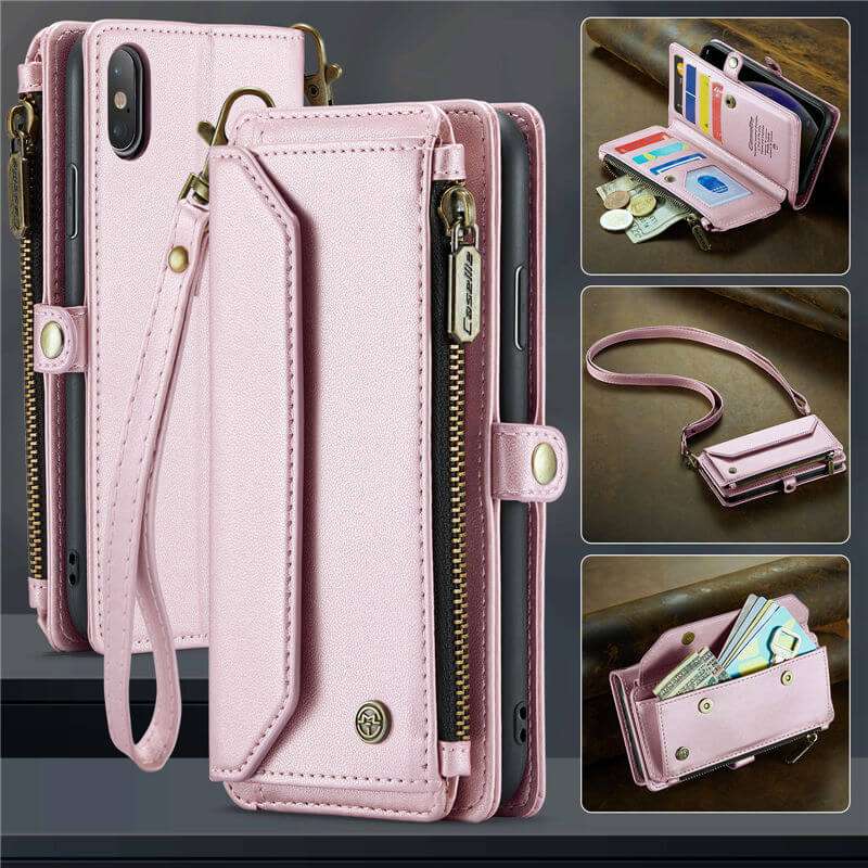 CaseMe Crossbody For iPhone XS Max Wallet Kickstand Case with RFID Blocking 10 Card Slots Zipper Purse Support Wireless Charging