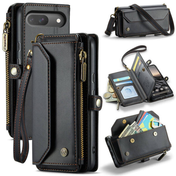 CaseMe Crossbody For Google Pixel 9/Pixel 9 Pro Wallet Kickstand Case with RFID Blocking 7 card slots Zipper Purse Support Wireless Charging