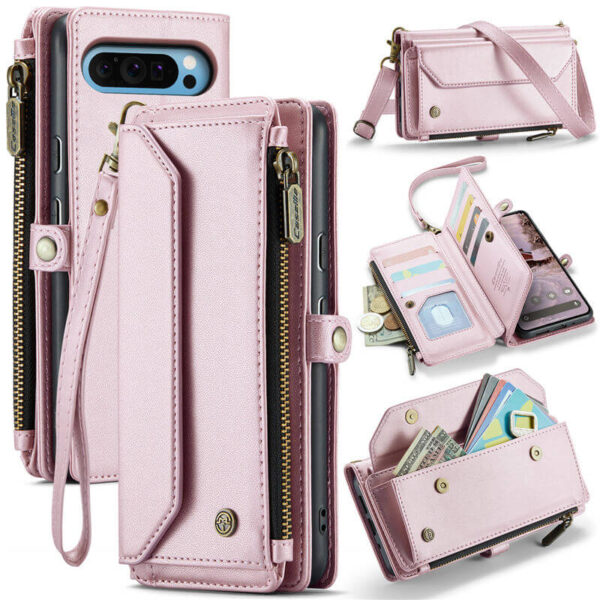 CaseMe Crossbody For Google Pixel 9 Pro XL Wallet Kickstand Case with RFID Blocking 10 card slots Zipper Purse Support Wireless Charging