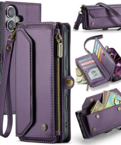 CaseMe Crossbody For iPhone 16 Plus Wallet Kickstand Case with RFID Blocking 10 card slots Zipper Purse Support Wireless Charging