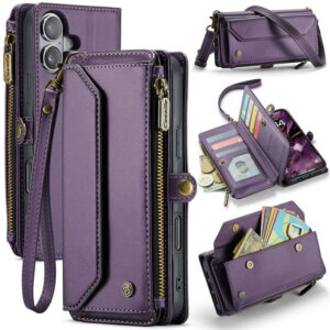 CaseMe Crossbody For iPhone 16 Plus Wallet Kickstand Case with RFID Blocking 10 card slots Zipper Purse Support Wireless Charging