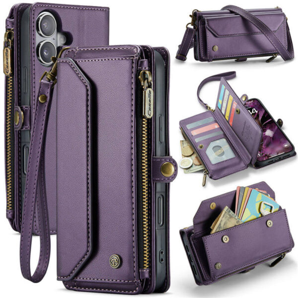 CaseMe Crossbody For iPhone 16 Plus Wallet Kickstand Case with RFID Blocking 10 card slots Zipper Purse Support Wireless Charging