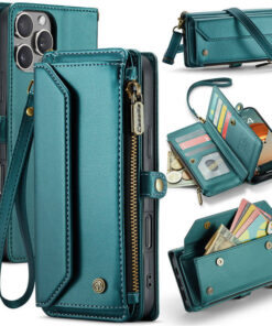 CaseMe Crossbody For iPhone 16 Pro Max Wallet Kickstand Case with RFID Blocking 10 card slots Zipper Purse Support Wireless Charging