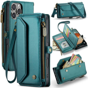 CaseMe Crossbody For iPhone 16 Pro Max Wallet Kickstand Case with RFID Blocking 10 card slots Zipper Purse Support Wireless Charging