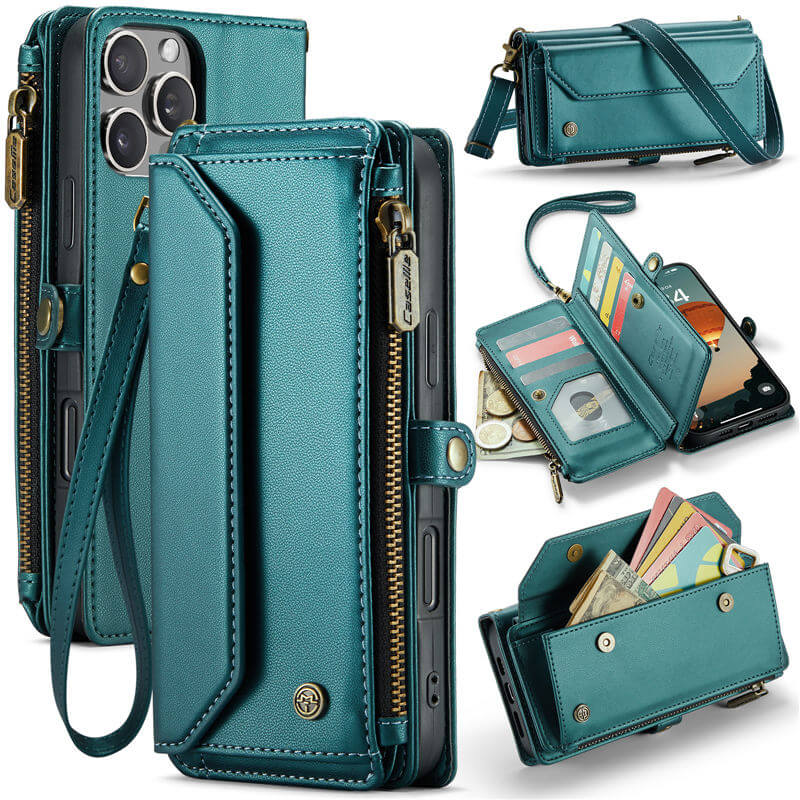 CaseMe Crossbody For iPhone 16 Pro Max Wallet Kickstand Case with RFID Blocking 10 card slots Zipper Purse Support Wireless Charging