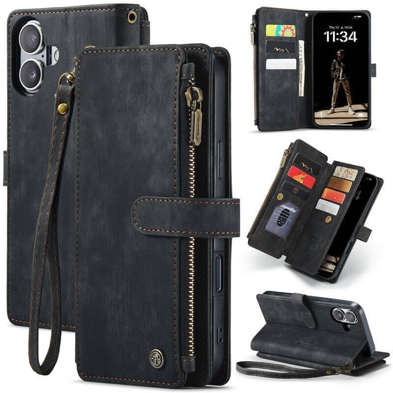 CaseMe For iPhone 16 Plus Wallet Kickstand Case with Wrist Strap