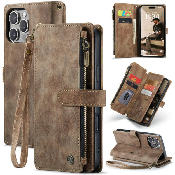 CaseMe For iPhone 16 Pro Wallet Kickstand Case with Wrist Strap