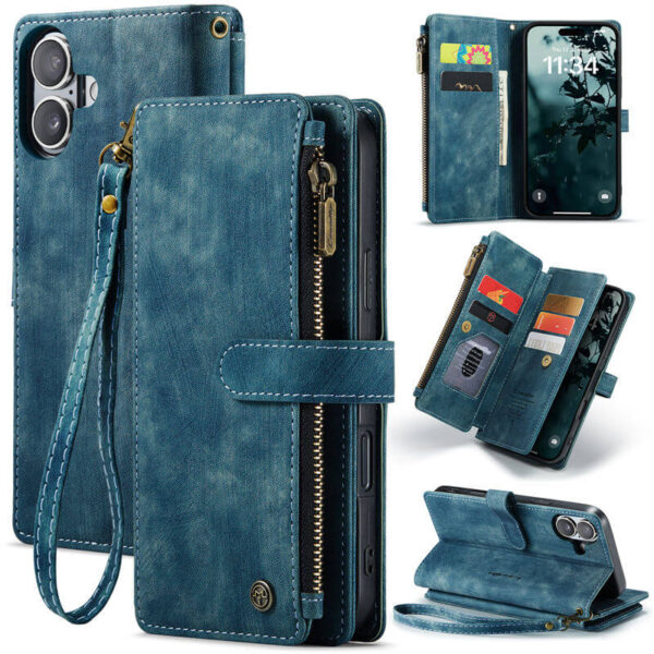 CaseMe For iPhone 16 Wallet Kickstand Case with Wrist Strap