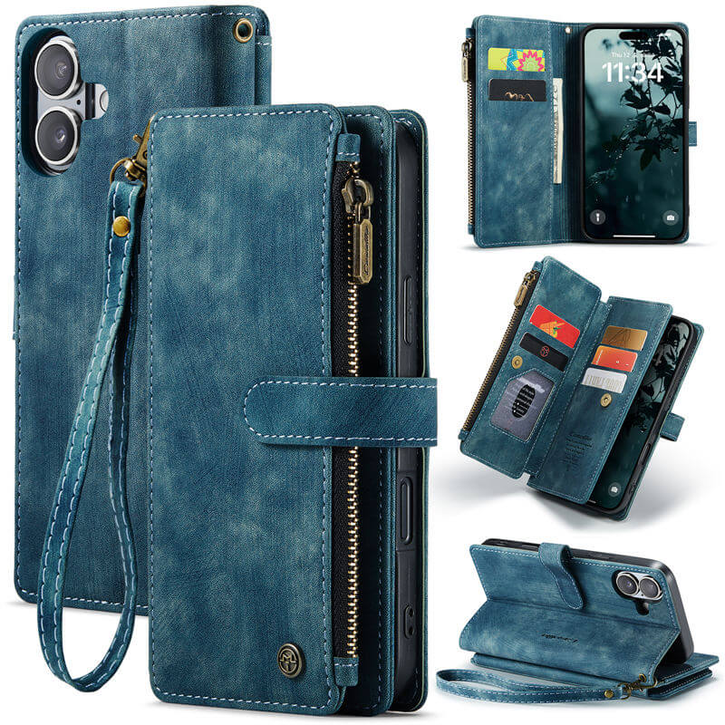 CaseMe For iPhone 16 Wallet Kickstand Case with Wrist Strap