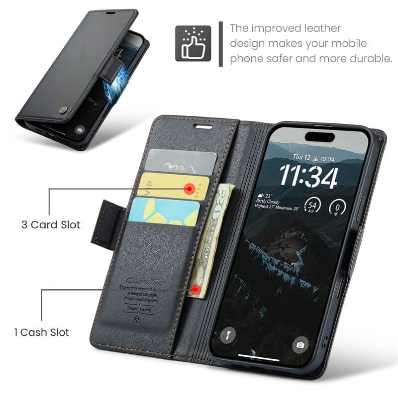 CaseMe iPhone 17 Pro Wallet RFID Blocking Magnetic Buckle Case