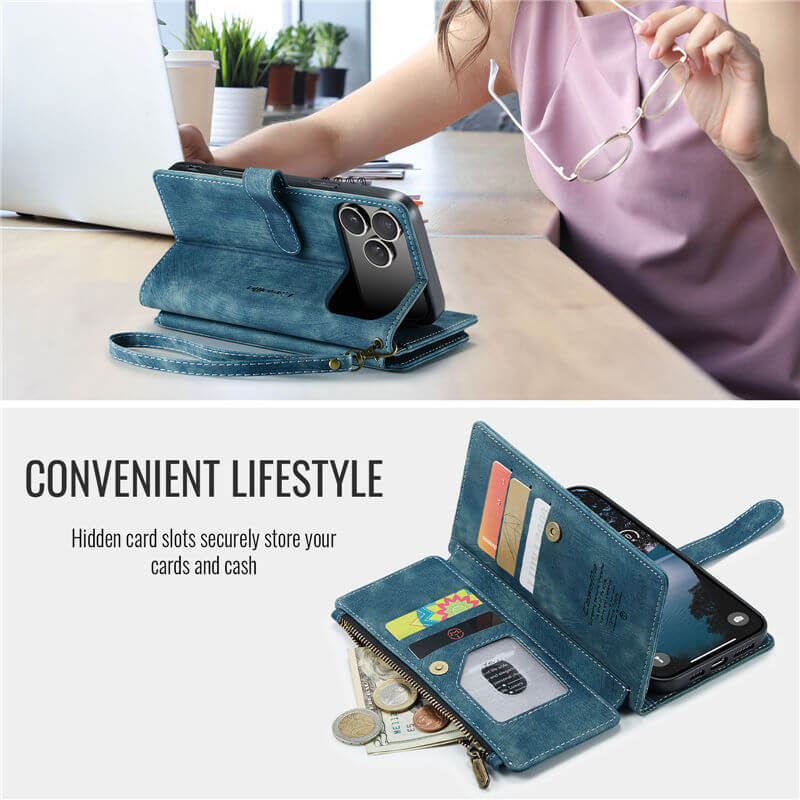 CaseMe iPhone 17 Pro Wallet Kickstand Case with Wrist Strap