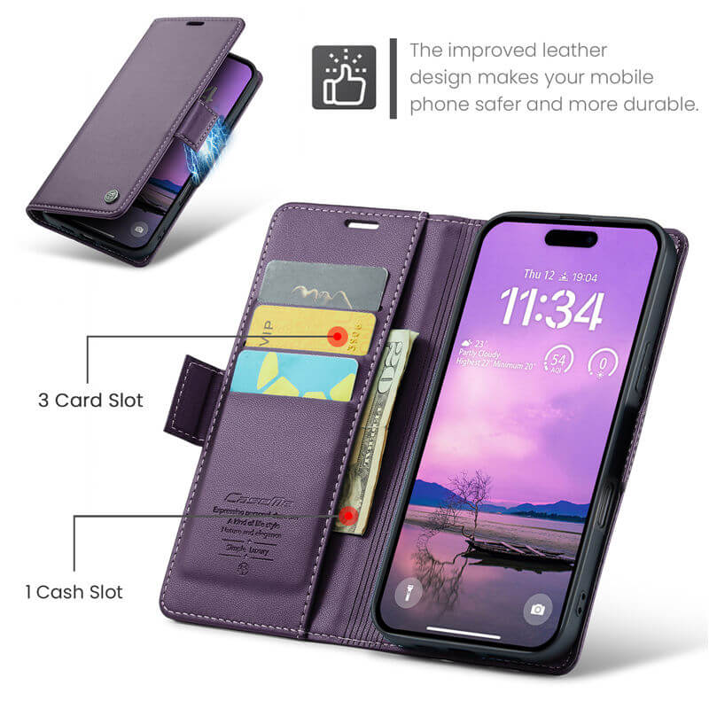 CaseMe For iPhone 17 Wallet RFID Blocking Magnetic Buckle Case