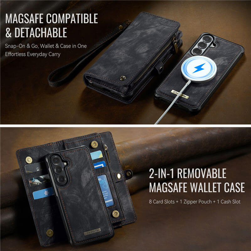 CaseMe Samsung Galaxy S26 2-in-1 Magnetic RFID Wallet Case with Wireless Charging & Detachable Wrist Strap