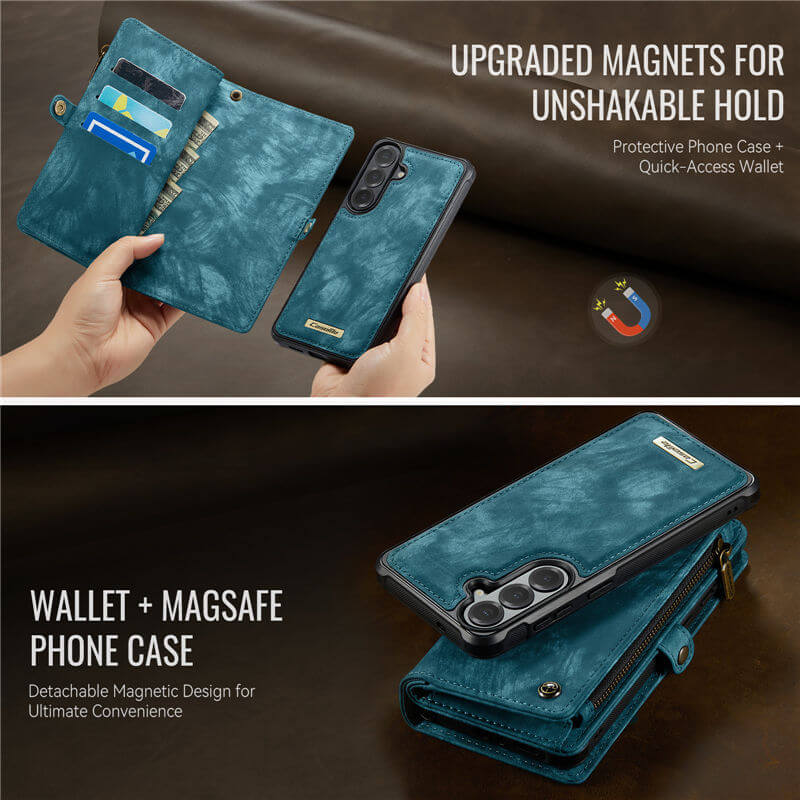 CaseMe Samsung Galaxy S26 2-in-1 Magnetic RFID Wallet Case with Wireless Charging & Detachable Wrist Strap