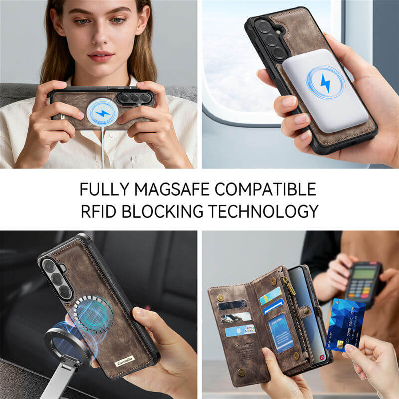 CaseMe Samsung Galaxy S26 2-in-1 Magnetic RFID Wallet Case with Wireless Charging & Detachable Wrist Strap