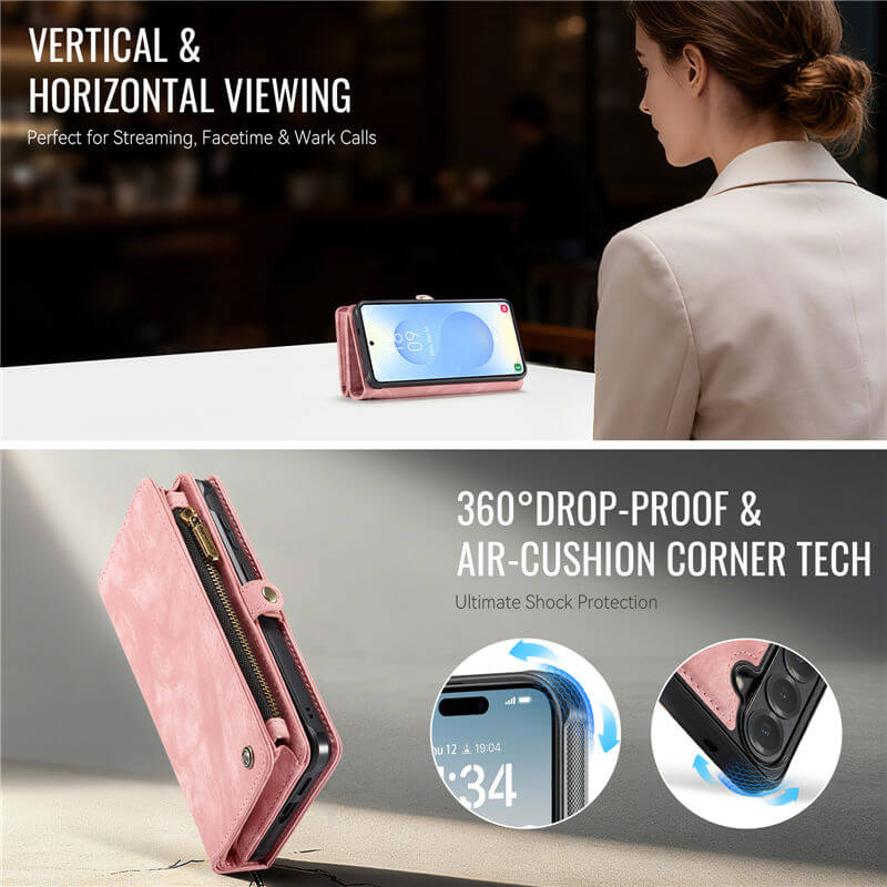 CaseMe Samsung Galaxy S26 2-in-1 Magnetic RFID Wallet Case with Wireless Charging & Detachable Wrist Strap